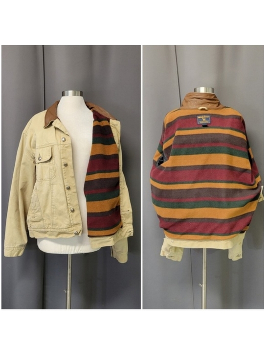 Woolrich Other - Vintage Woolrich Canvas Trucker Jacket Tan Leather Collar Striped Blanket Lined